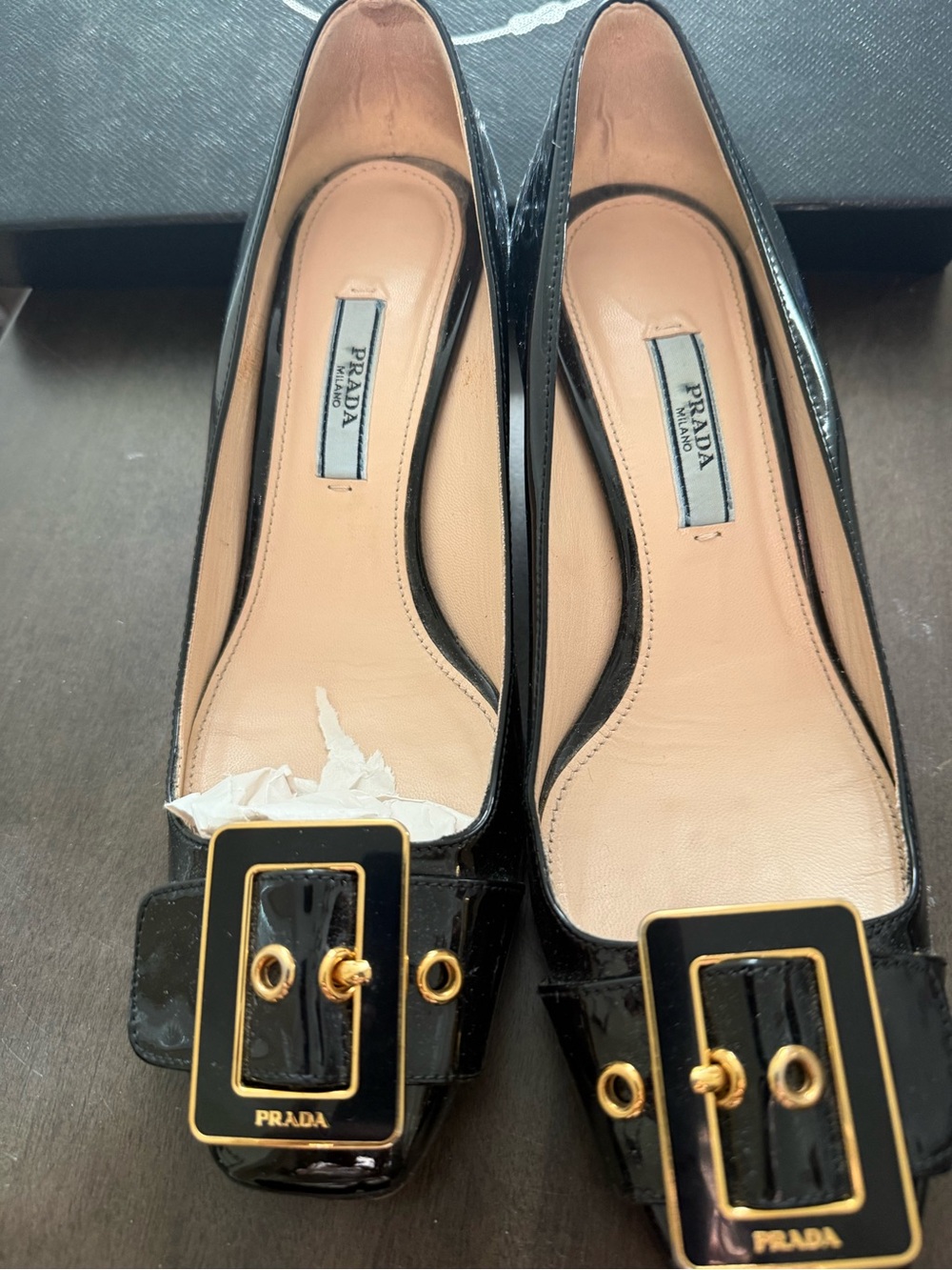 Prada Black Patent Leather Pumps with Gold Buckle EU 36 (US 6)